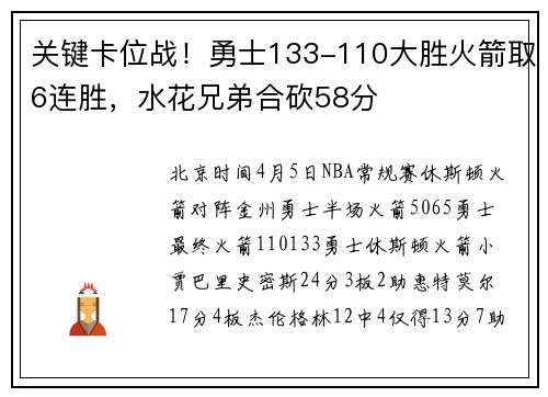 关键卡位战！勇士133-110大胜火箭取6连胜，水花兄弟合砍58分