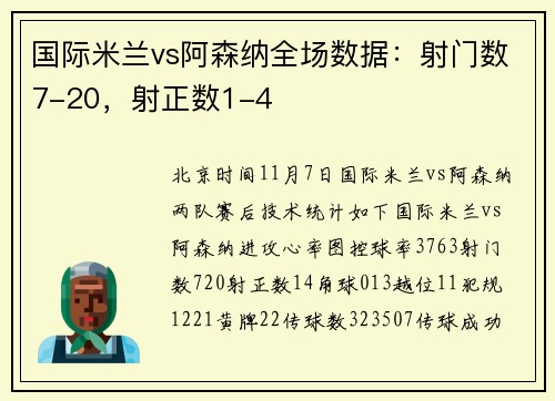 国际米兰vs阿森纳全场数据：射门数7-20，射正数1-4
