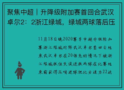 聚焦中超｜升降级附加赛首回合武汉卓尔2：2浙江绿城，绿城两球落后压哨扳平